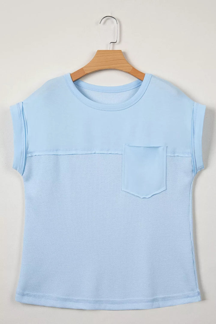 Waffle knit pocket tee with cuffed short sleeves