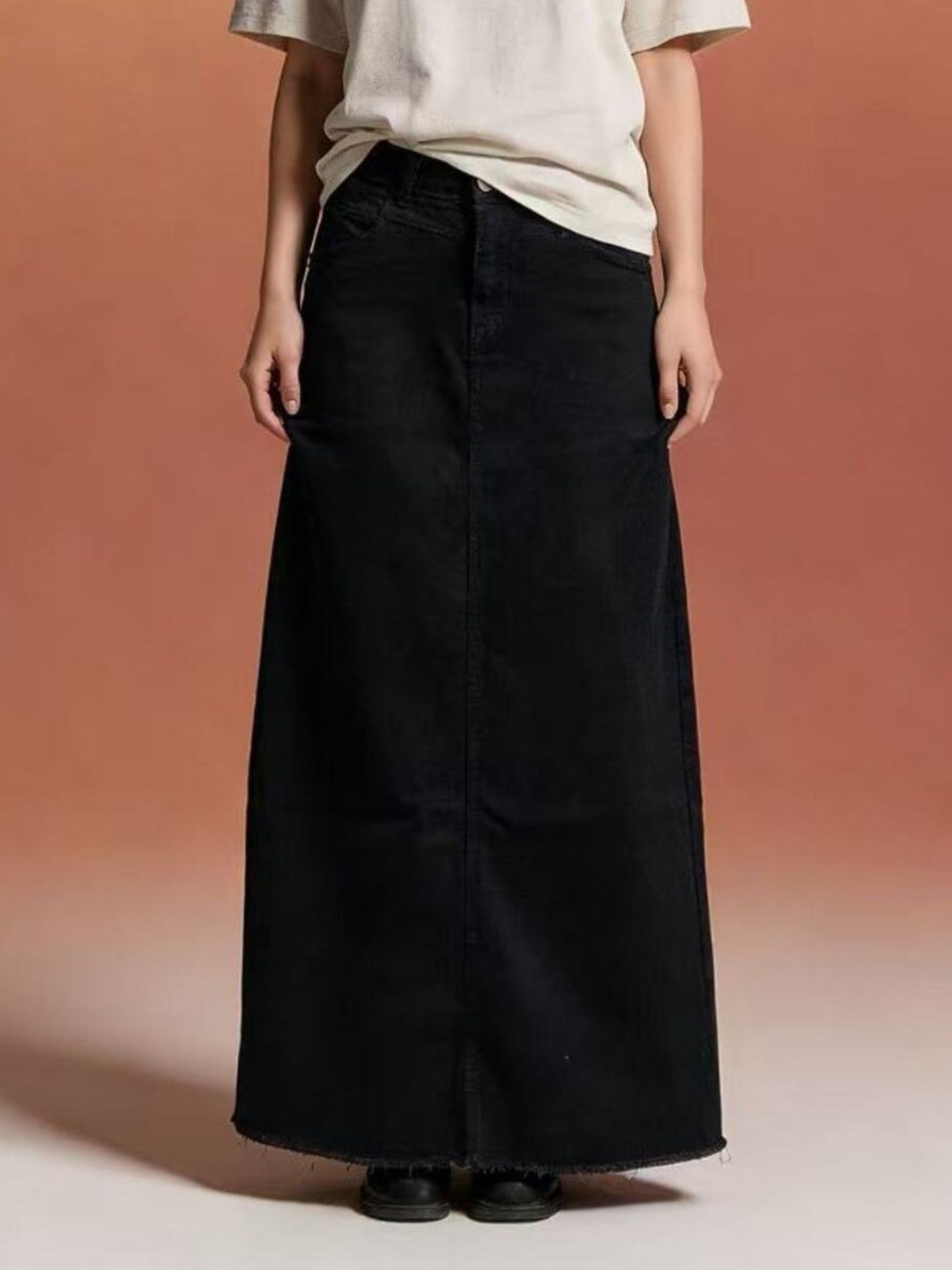 Black Raw hem maxi denim skirt with button closure and front pockets