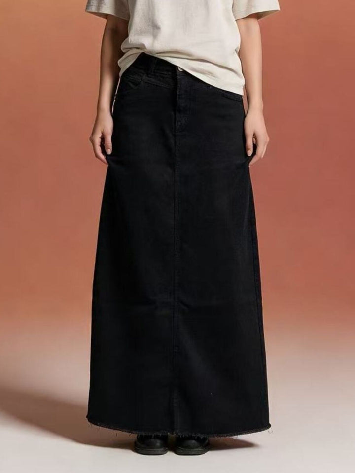 Black Raw hem maxi denim skirt with button closure and front pockets