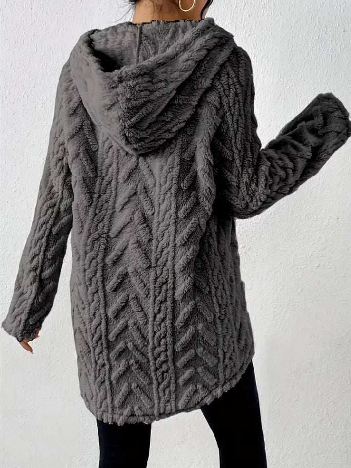 Textured cable-knit fleece pullover hoodie with drawstring