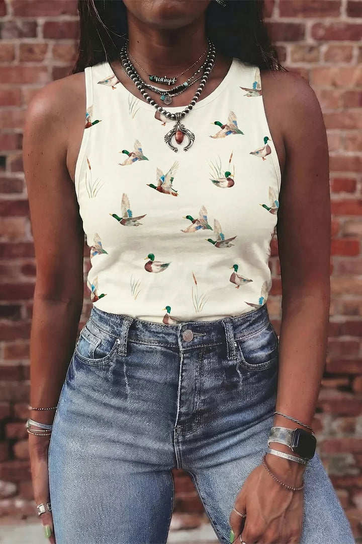 Cream Mallard duck print fitted crew neck tank top