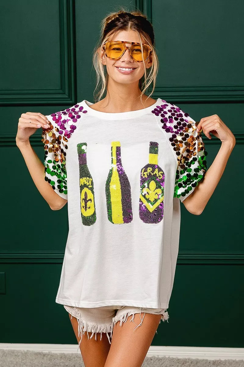 Sequin Mardi Gras bottles graphic tee with paillette sleeves