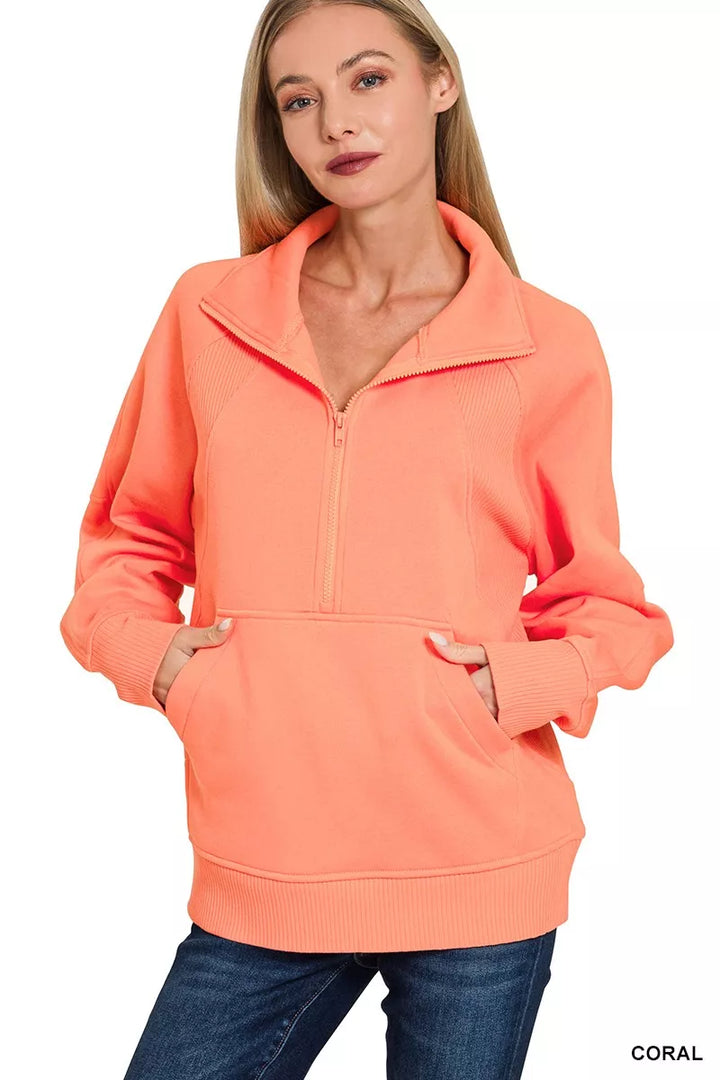 CORAL Half-zip fleece pullover with kangaroo pocket and ribbed trim
