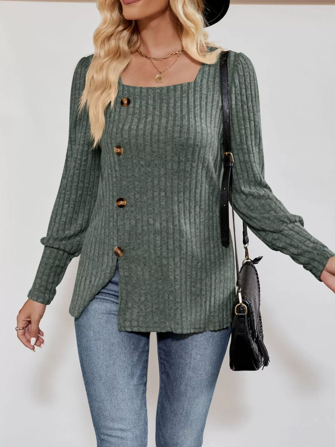 Ribbed knit square-neck top with button trim and side slit