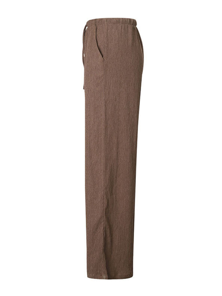 Crinkle textured wide leg pants with drawstring waist