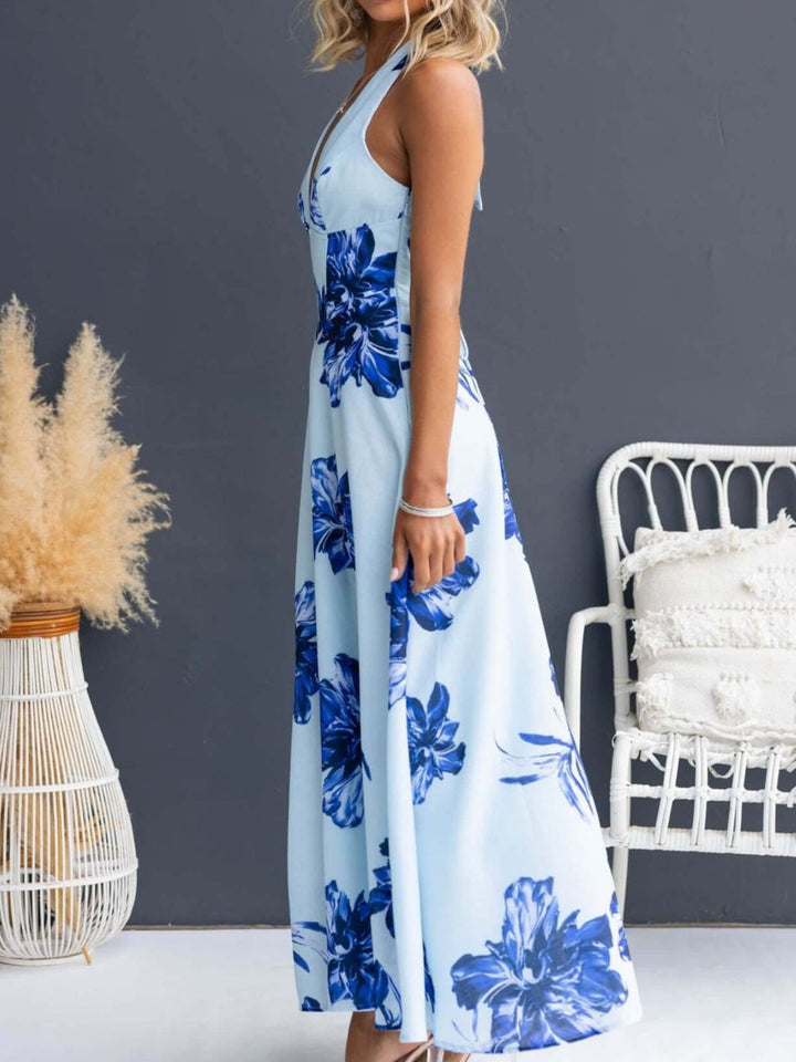 Floral print halter maxi dress with lace-up back