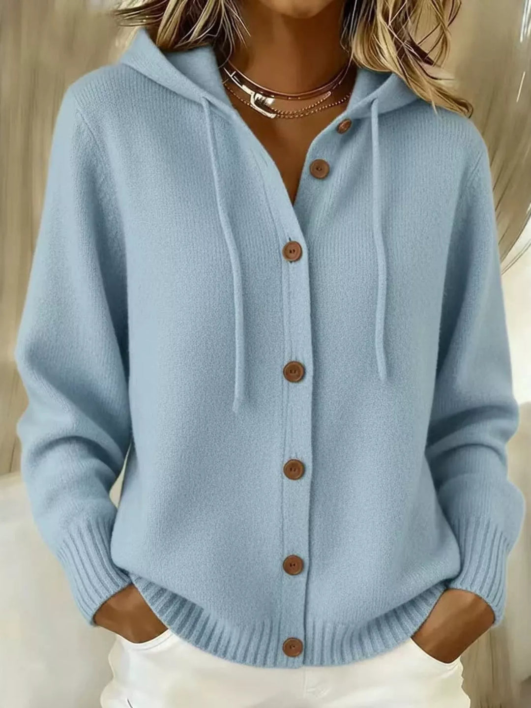 Light Blue Hooded button-down knit cardigan with drawstring