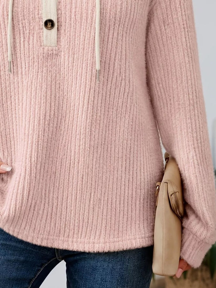 Ribbed knit drawstring hoodie with button henley placket