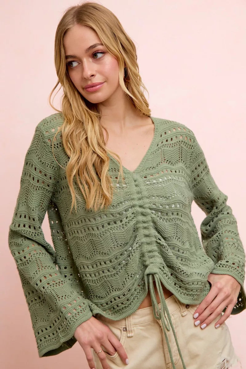 Long sleeve pointelle knit V-neck top with ruched front