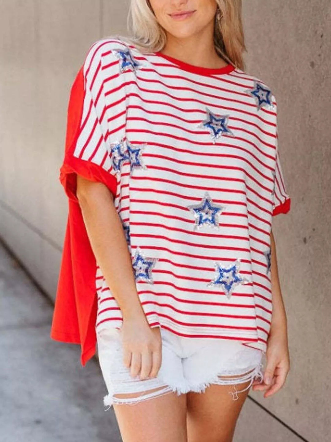 Patriotic stripe sequin star short-sleeve t-shirt