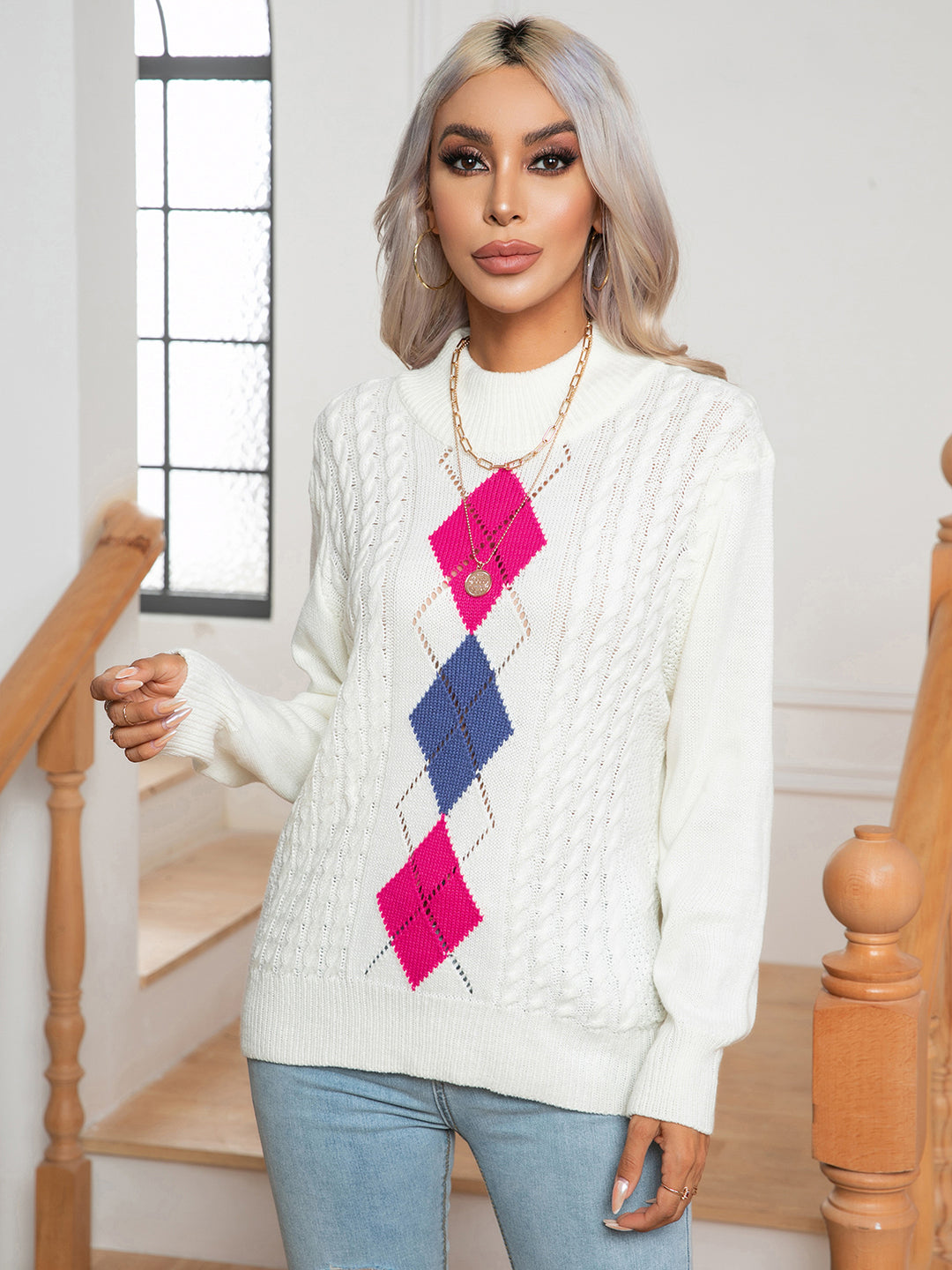 Argyle cable knit mock neck pullover sweater