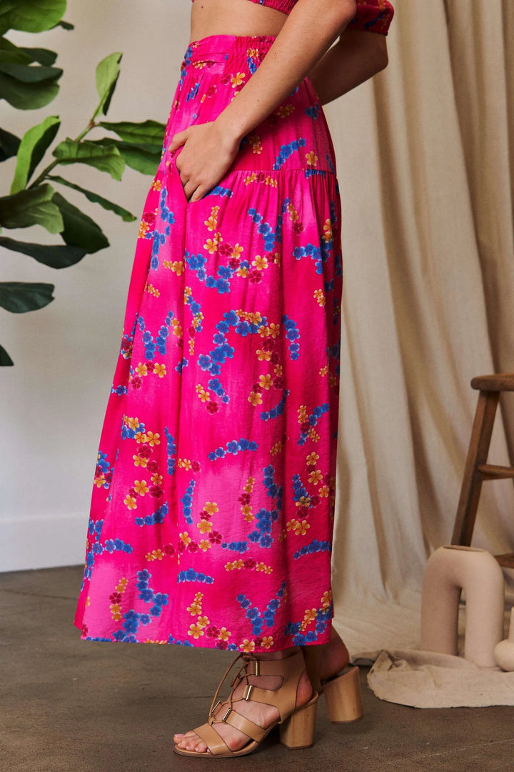 Floral smocked waistband ruffled maxi skirt with pockets