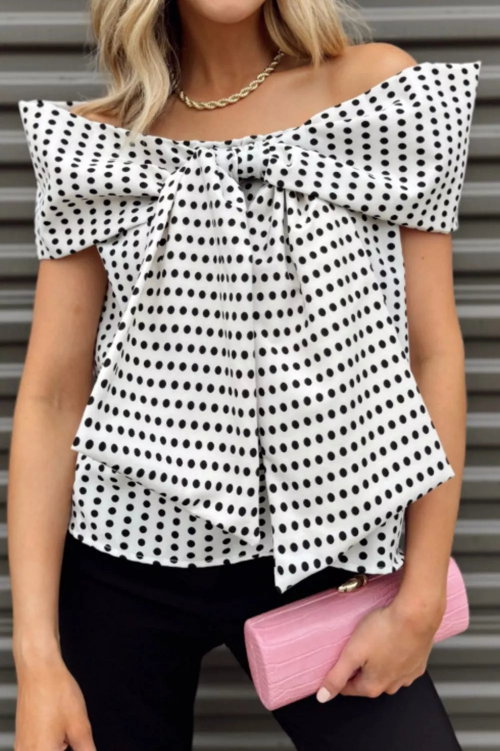 Off-shoulder polka dot bow-front short sleeve blouse