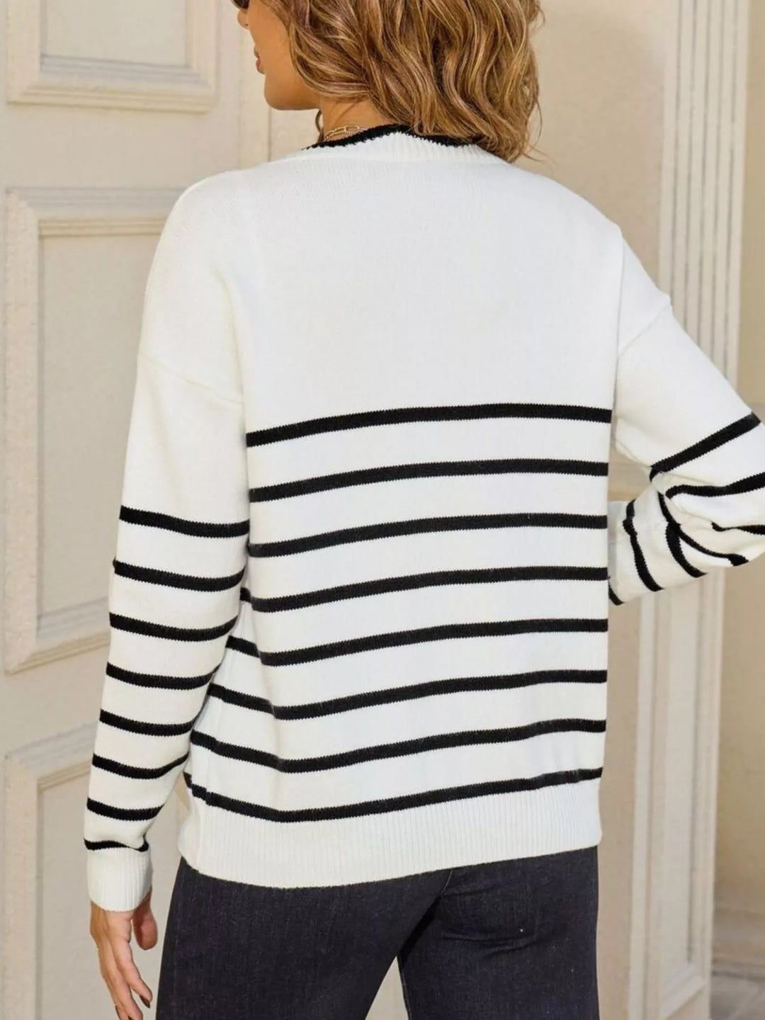 Striped tie-front knit cardigan with contrast trim