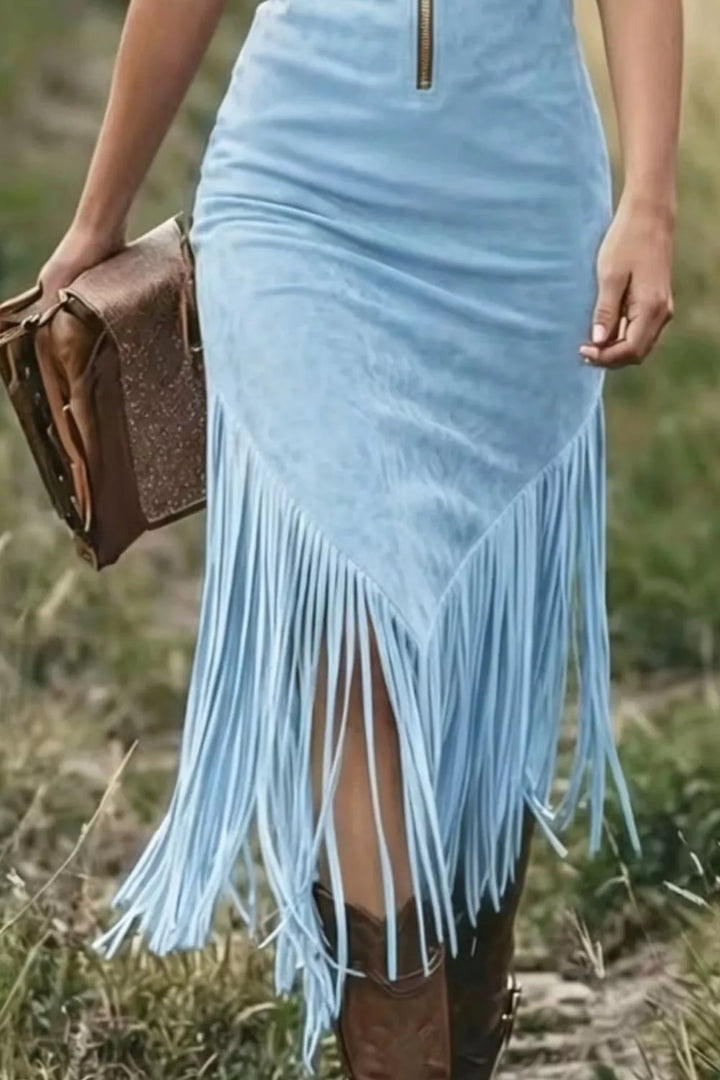 Faux suede fringe hem zip-front sleeveless midi dress