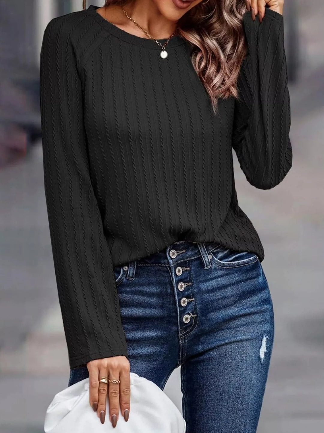 Black Textured cable-knit crew neck long sleeve top