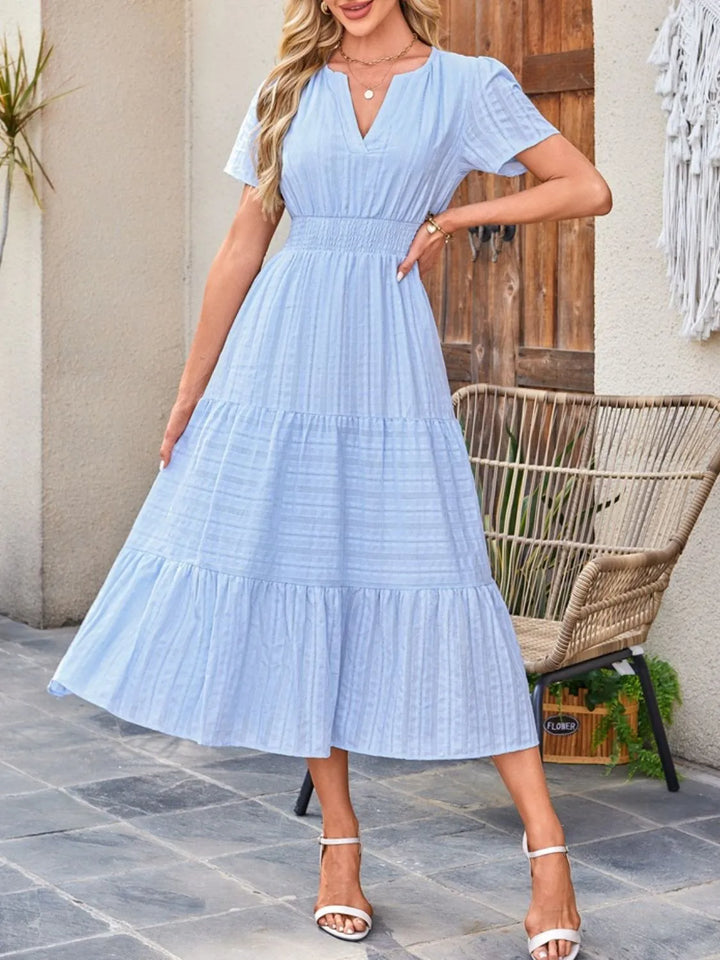 Tiered notched neck short sleeve midi dress with pockets