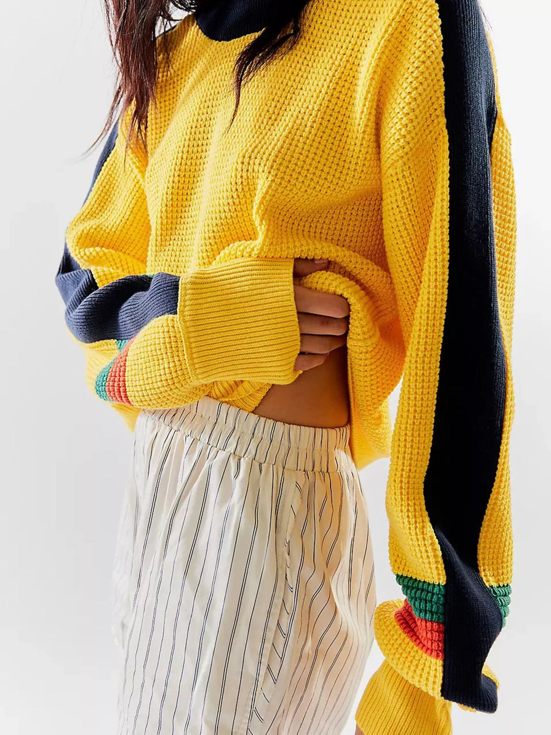Color block waffle-knit crew sweater with striped sleeves