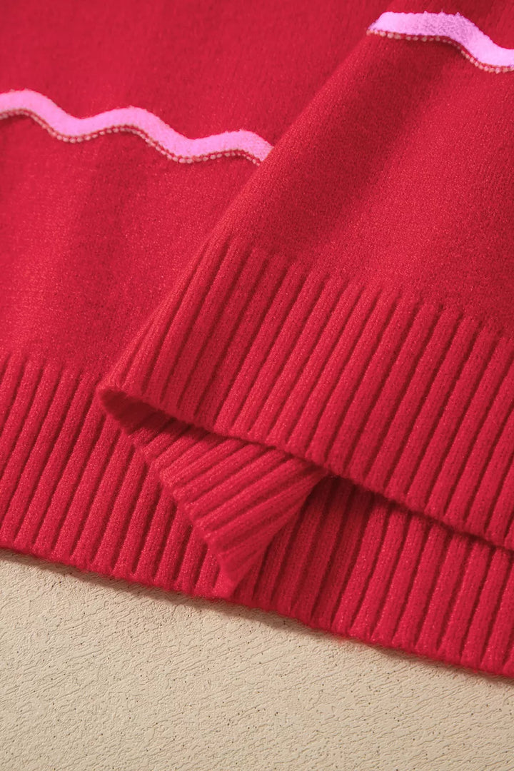 Wavy contrast stripe crew neck knit pullover sweater