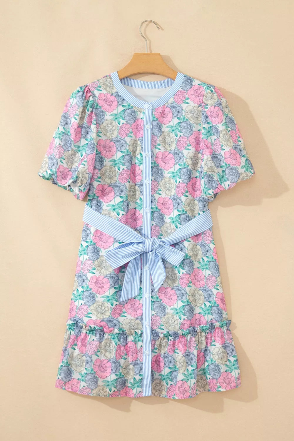 Floral print striped contrast trim belted mini dress