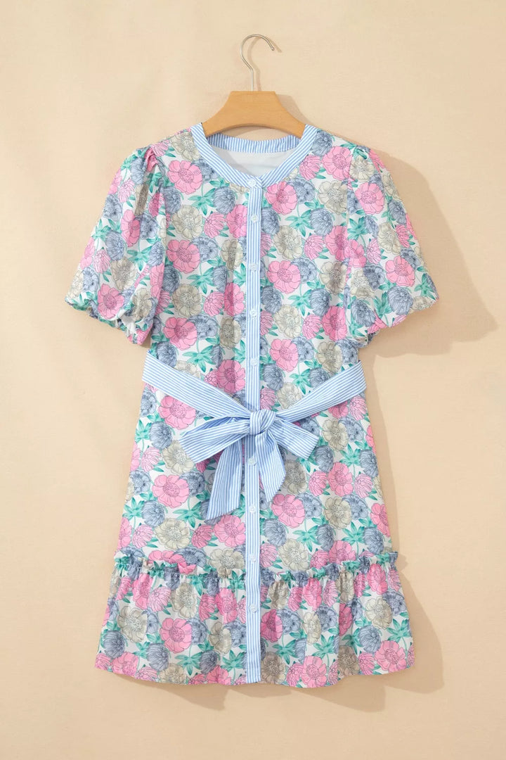 Floral print striped contrast trim belted mini dress