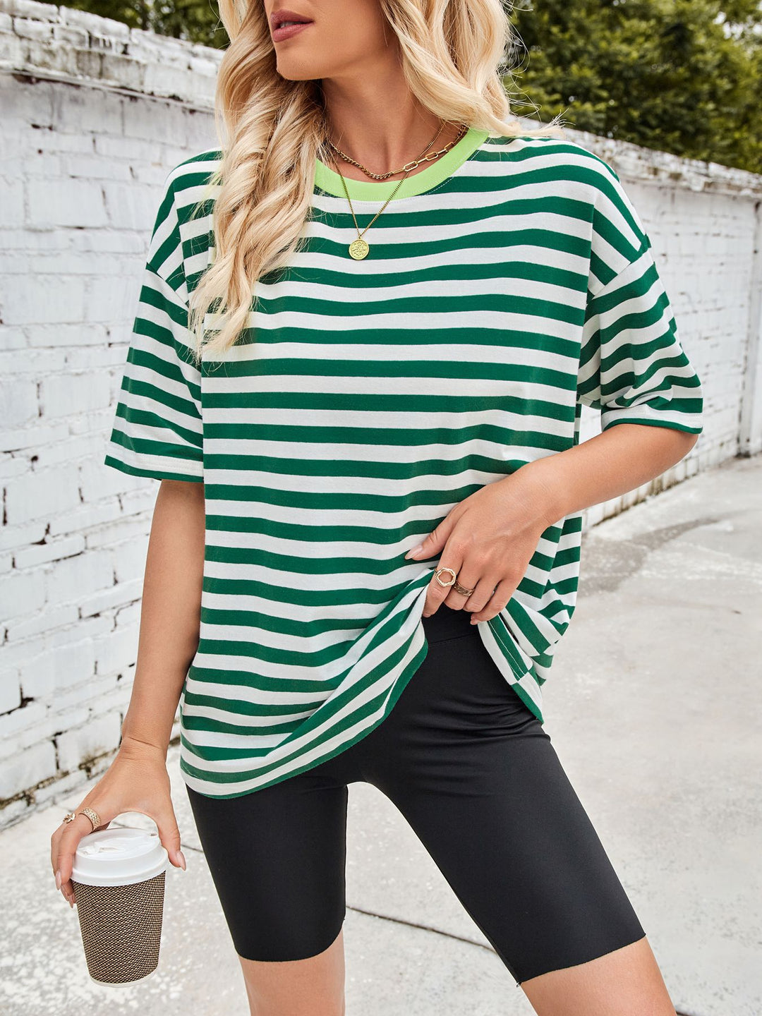 Dark Green Oversized striped tee with contrast ribbed crew neck