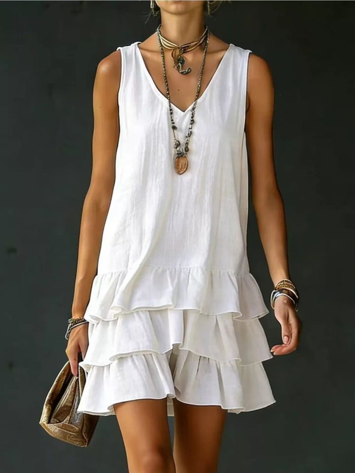 White Tiered ruffle hem V-neck sleeveless mini dress