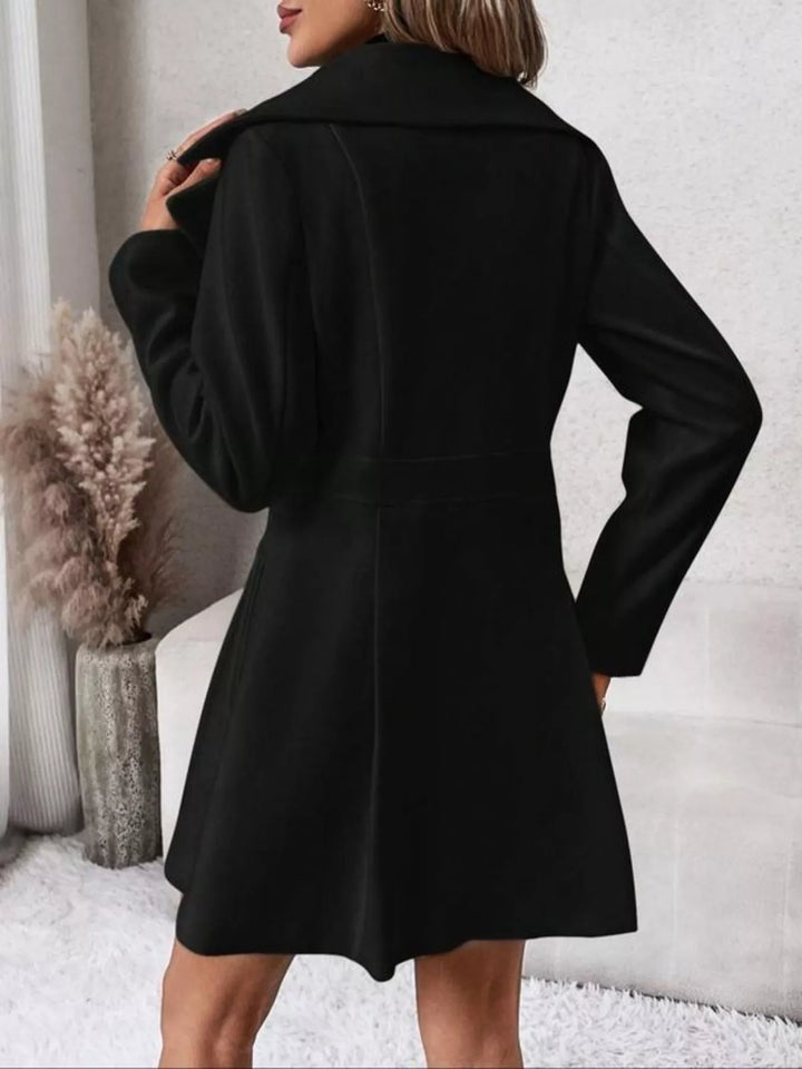 Double-breasted peplum coat with notch lapels and pockets