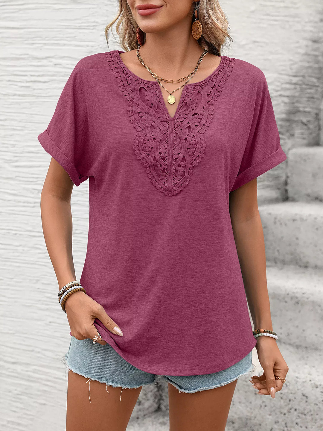 Lace-trim V-neck short sleeve top with rolled cuffs