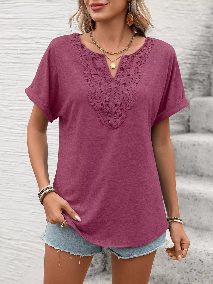 Lace-trim V-neck short sleeve top with rolled cuffs