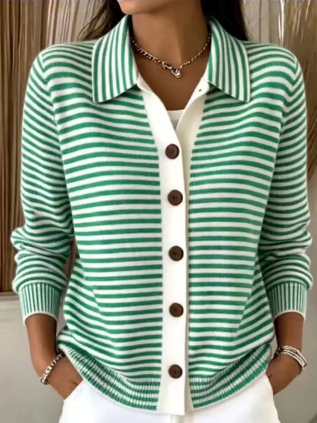 Green Striped button-down knit cardigan with pointed collar