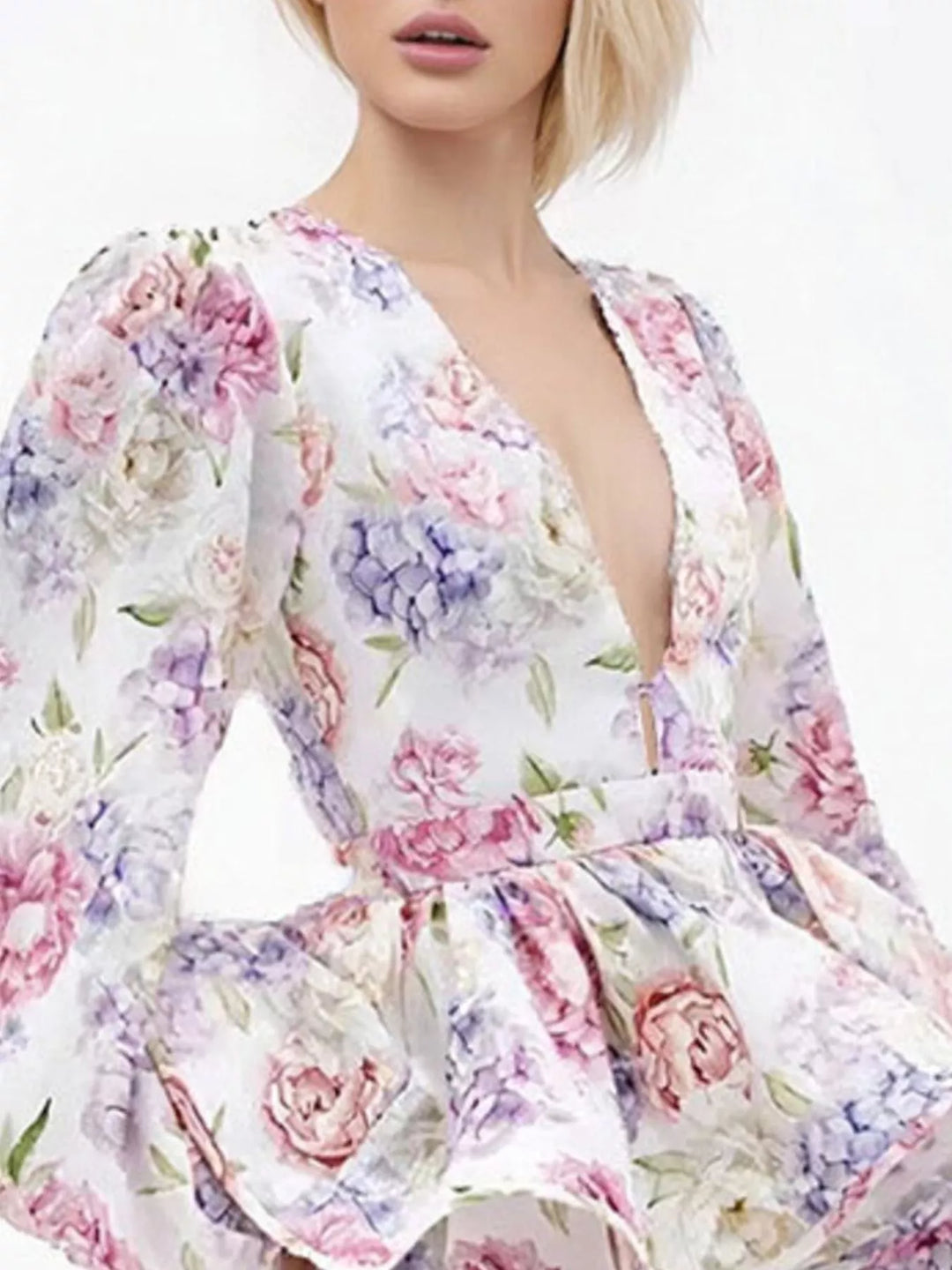 Floral puff sleeve plunge V-neck tiered mini dress