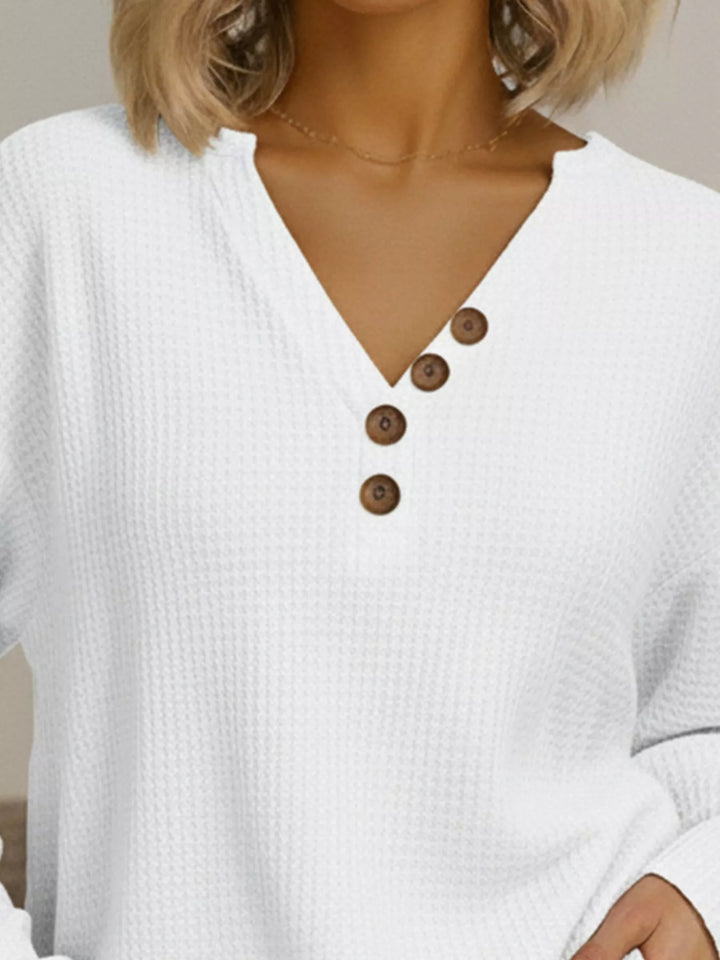 Waffle knit henley top with V-neck button placket