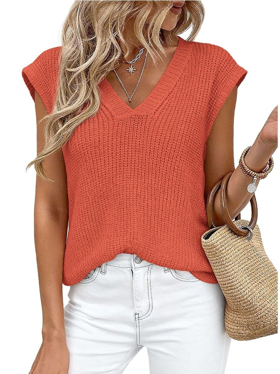 V-neck cap sleeve waffle knit sweater vest