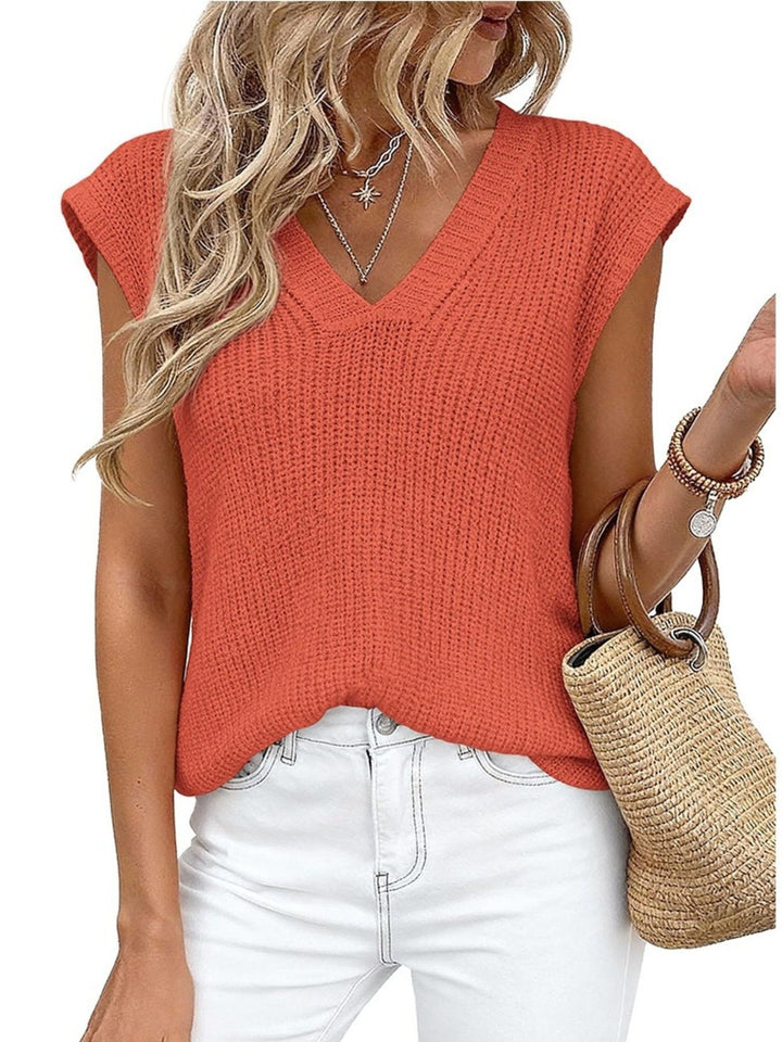 V-neck cap sleeve waffle knit sweater vest