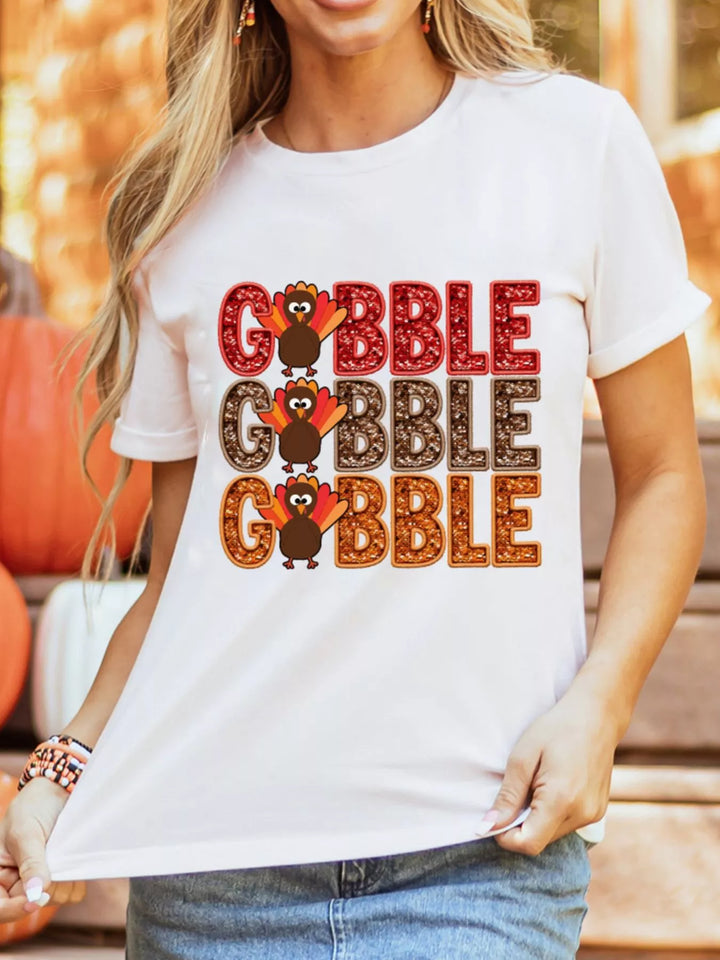 Gobble turkey graphic Thanksgiving crew neck T-shirt