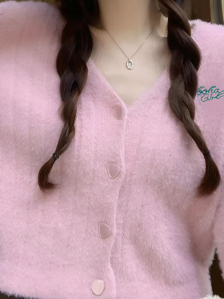 Fuzzy brushed knit button-up cropped cardigan