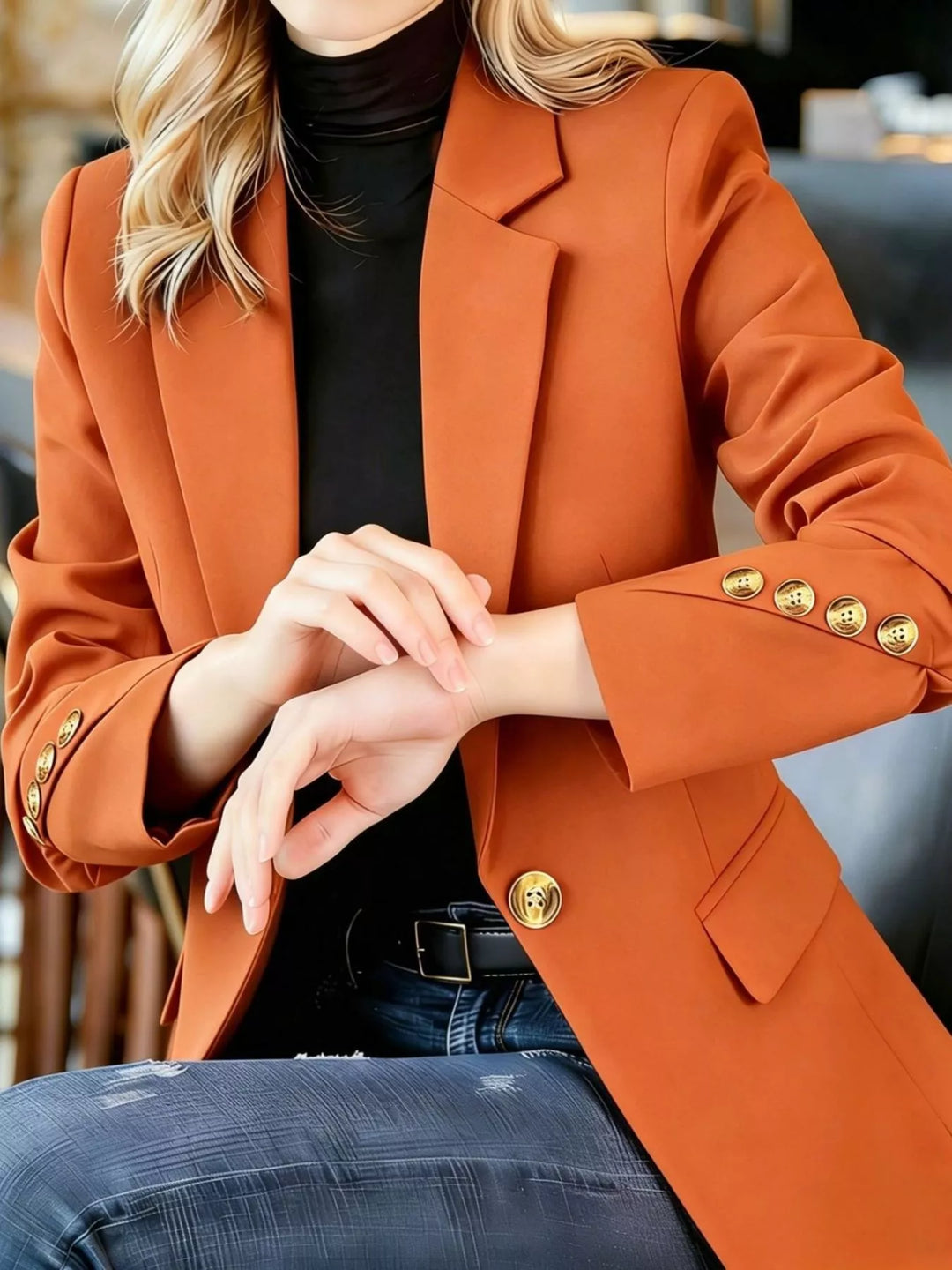 Orange One-button notched lapel blazer with gold buttons