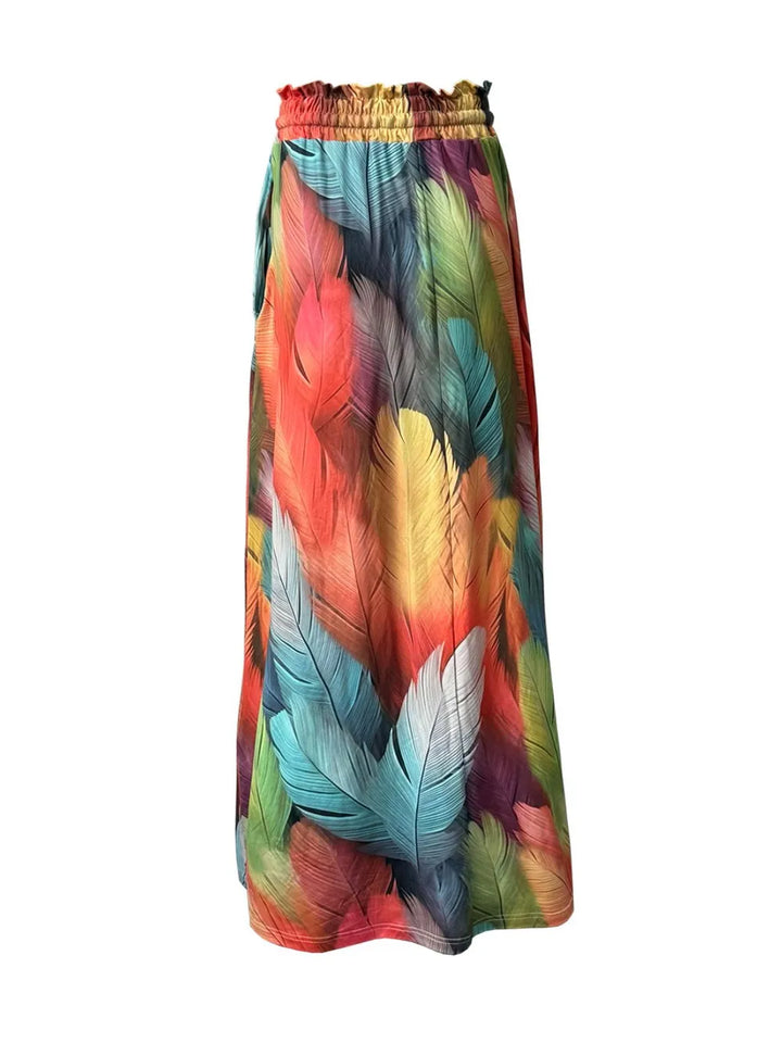 Feather print maxi skirt with drawstring waist and pockets