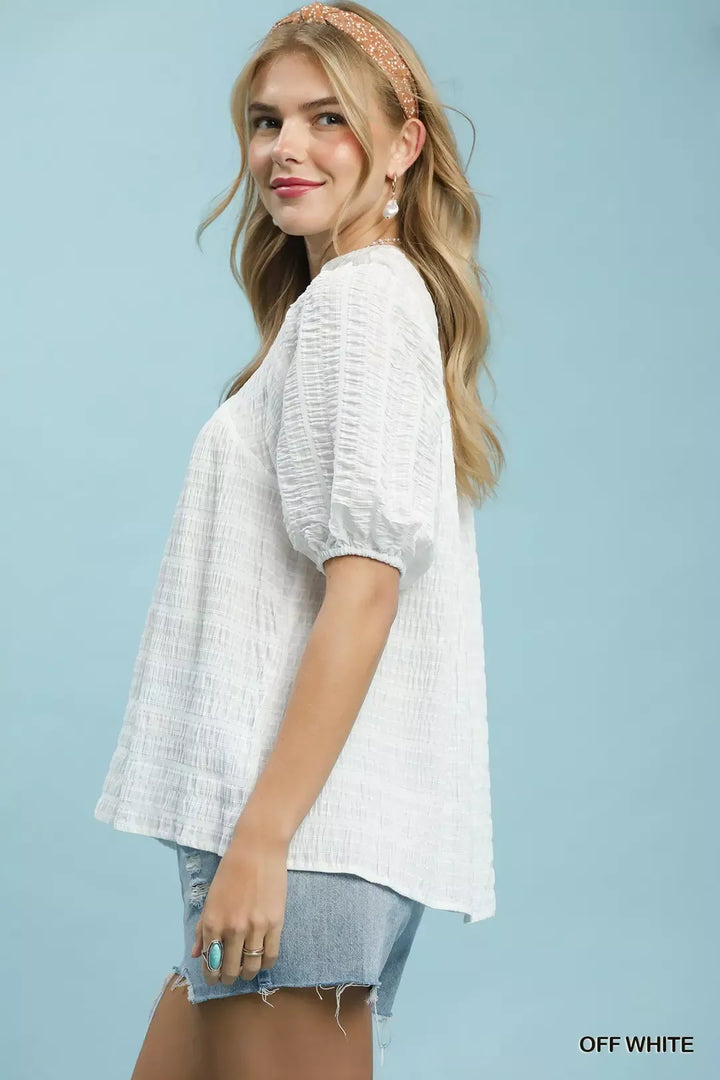 Crinkle-texture V-neck blouse with puff sleeves