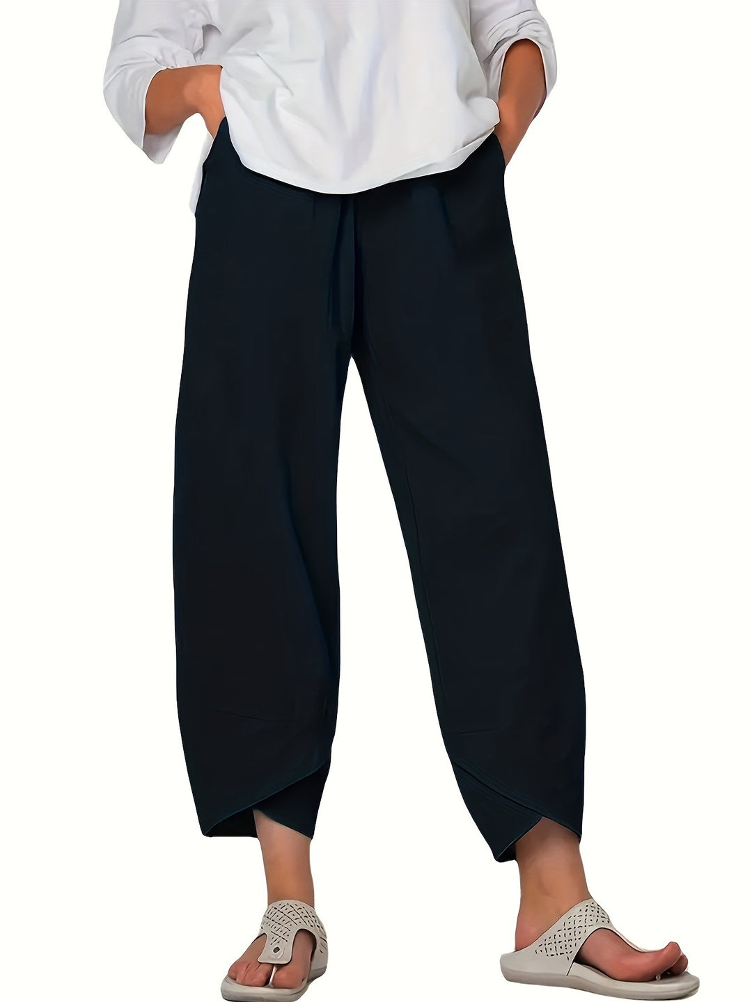 Black Elastic-waist wide-leg pants with tulip hem and pockets