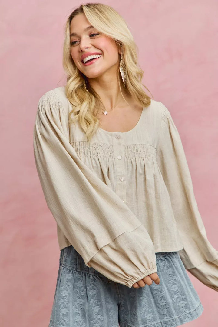 Smocked button-front puff sleeve linen blend top