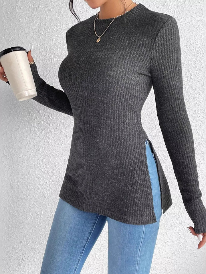 Slit-hem ribbed knit long sleeve top with crew neck