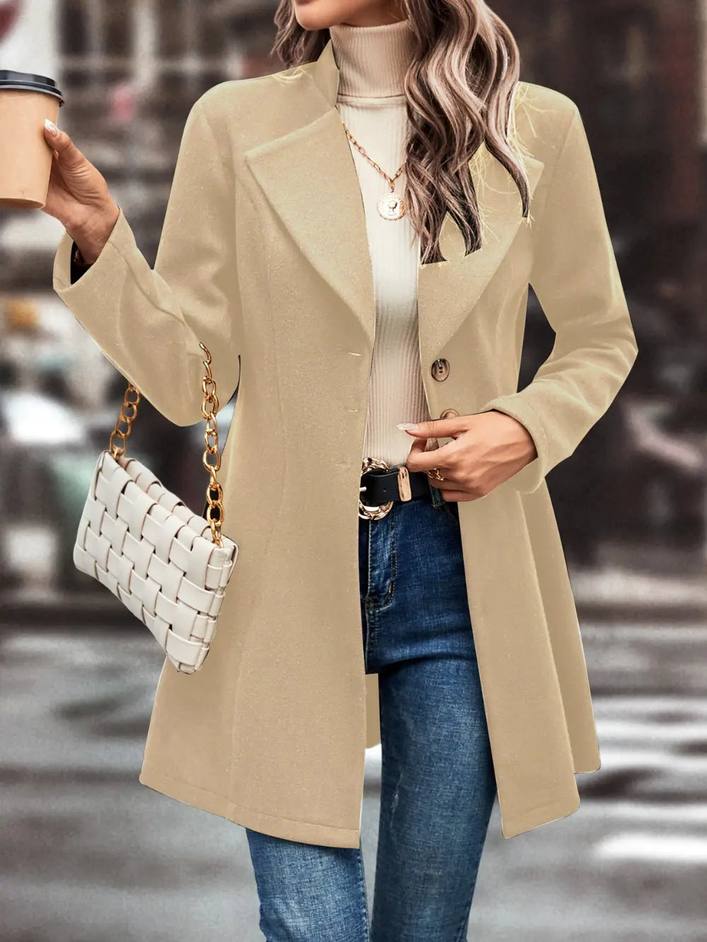 Button-front longline coat with notched lapel and flared hem