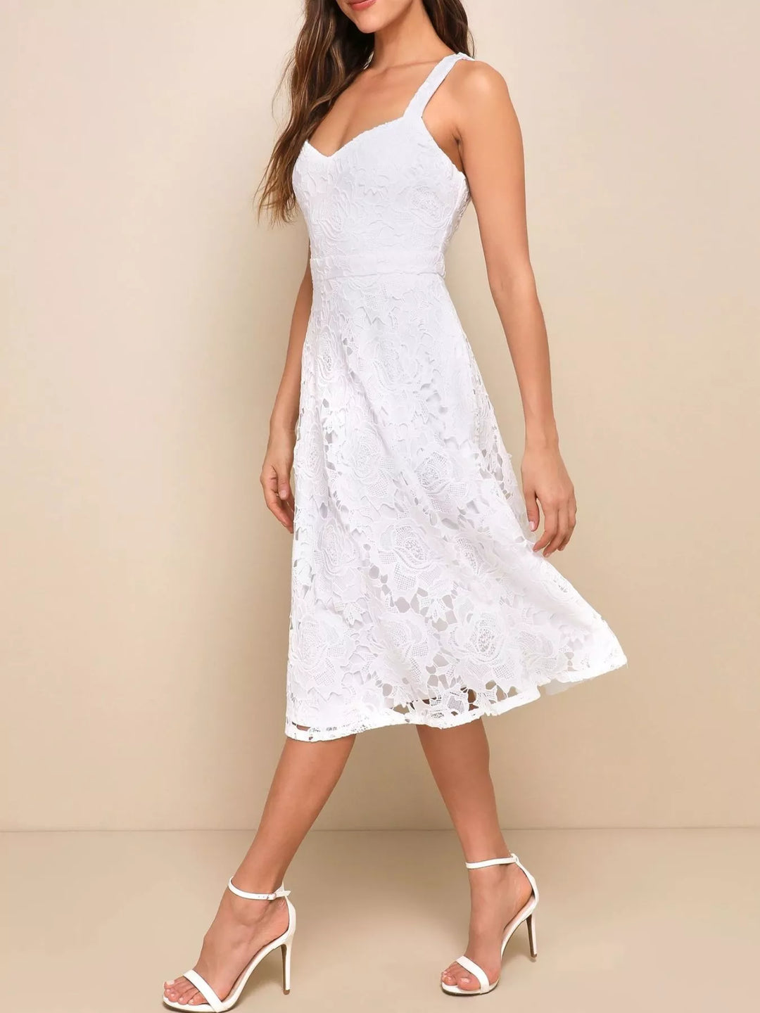 Floral lace A-line midi dress with sweetheart neckline