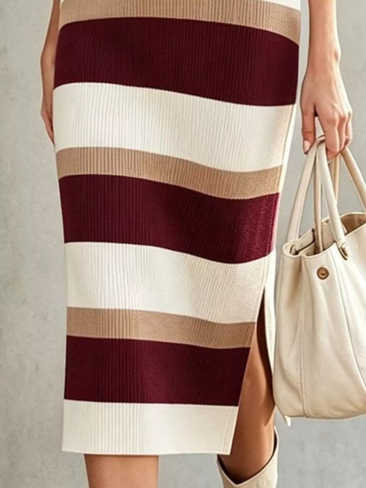 Striped ribbed knit polo collar midi sweater dress