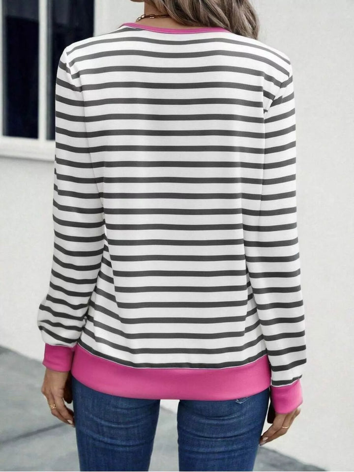 Striped V-neck long sleeve top with contrast trim
