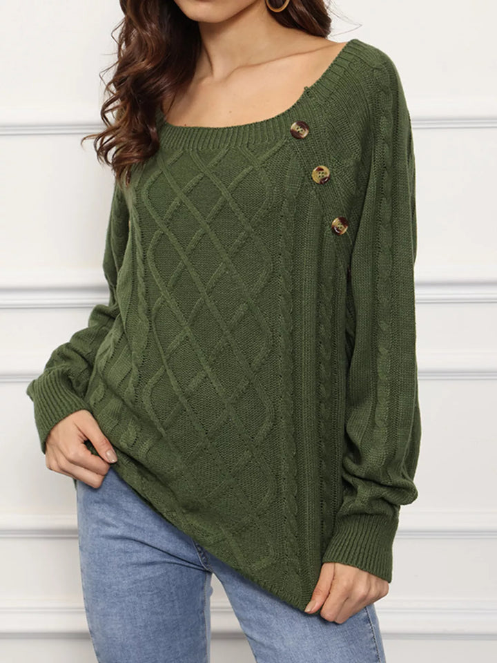 Cable knit boat neck sweater with side button trim