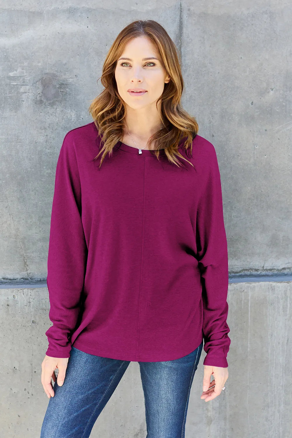 Relaxed drop-shoulder round neck long sleeve top