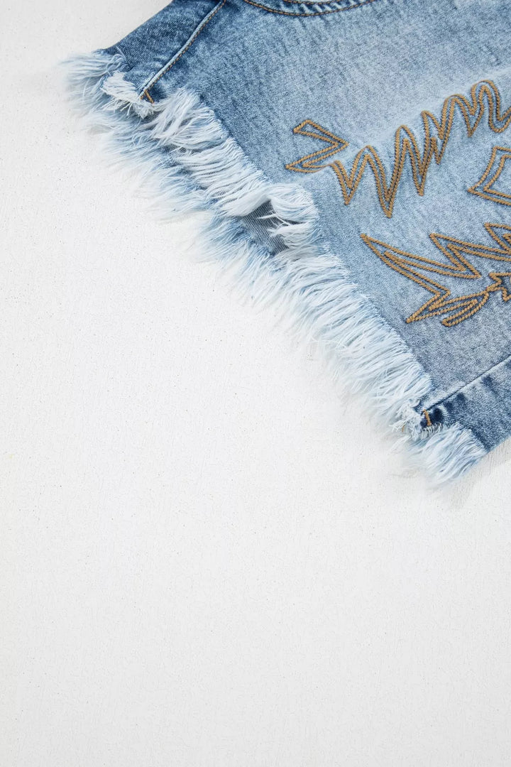 Western embroidered studded denim shorts with raw hem